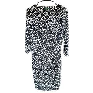 Lauren Ralph Lauren 12 Faux Wrap Dress Black white 3/4 Sleeve Splice Bodice